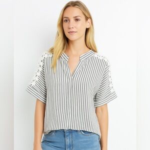 grey V Neck Lace Vertical Striped Blouse short sleeve linen top